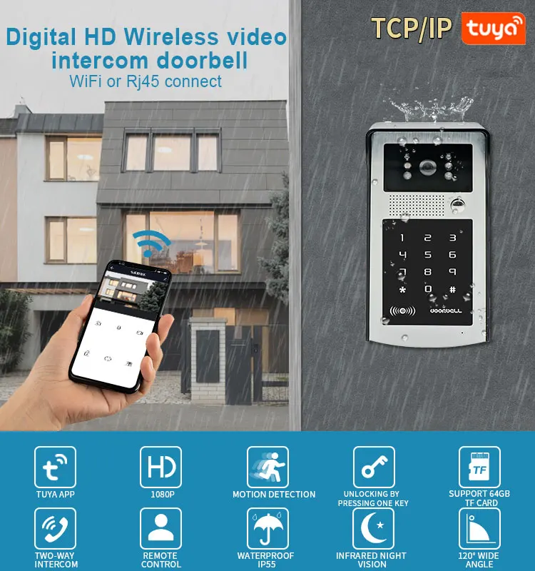 Nový tuya chytrý video doorbell kamera 1080P WIFI video interkom dveře zvon kamera s RFID kódu Klávesnice přístup telefon APP odemknout