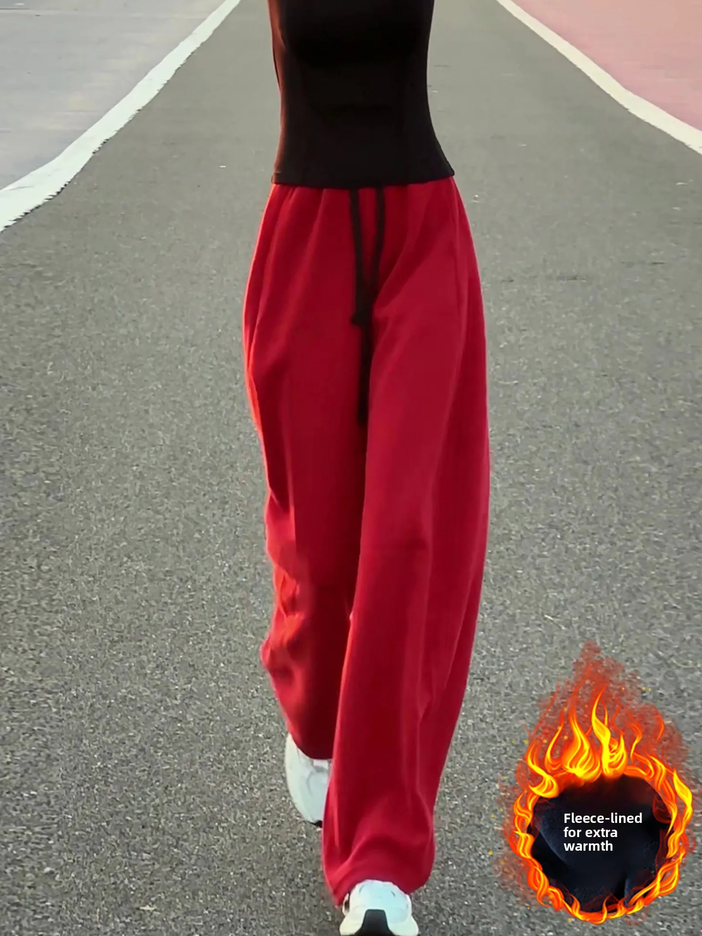 레드 페이스 라인드 캐주얼 스포츠 팬츠 여성용 가을 겨울 하이 웨이스트 슬림 와이드 레그 스웨트팬츠 한국 스타일