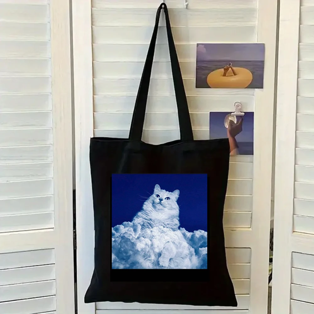 Cat On Cloud Print Canvas Tote Bag, Dreamy Pet Themed Casual Shoulder Bag For Cat Lovers