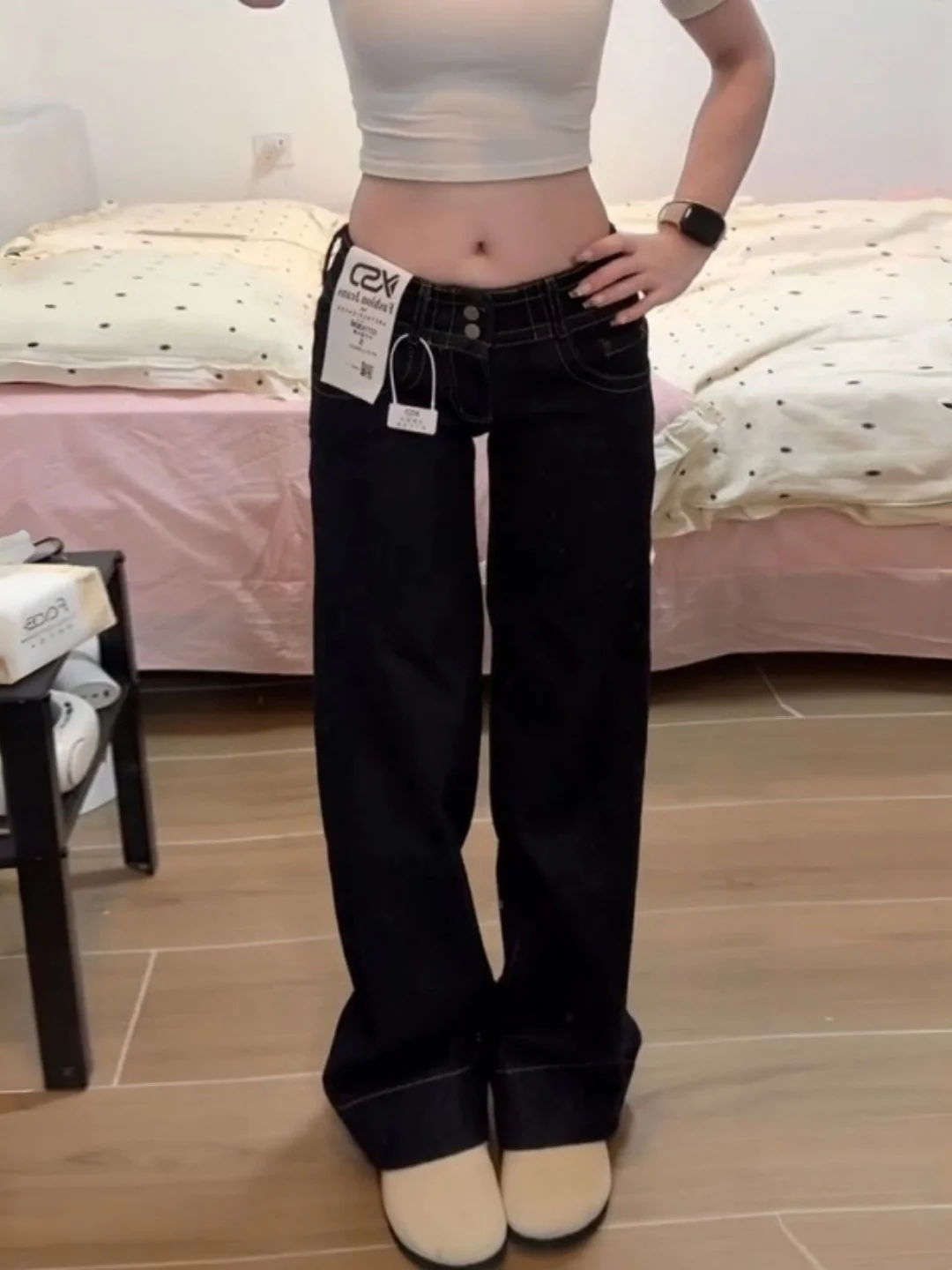 American Style Vintage Double Buckle Loose Fit Slimming Low Waist Blue Jeans Women's Casual Straight Leg Pants Autumn New Arr...