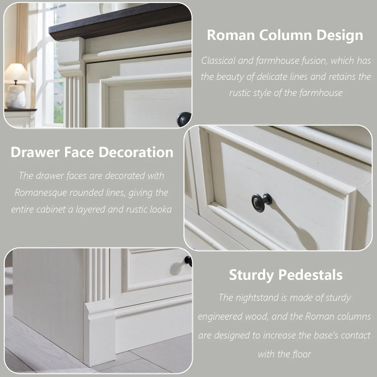 خزانة ذات 7 أدراج للمزرعة، وخزانة ذات أدراج بعمود روماني كبير مقاس 57 بوصة، وغرفة النوم، والممر، وخزانة تخزين لغرفة المعيشة.