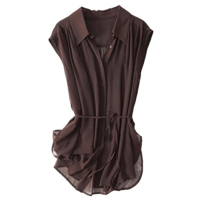 Women's Sheer Mesh Drawstring Waist Shirt Summer Elegant Sleeveless Blouse