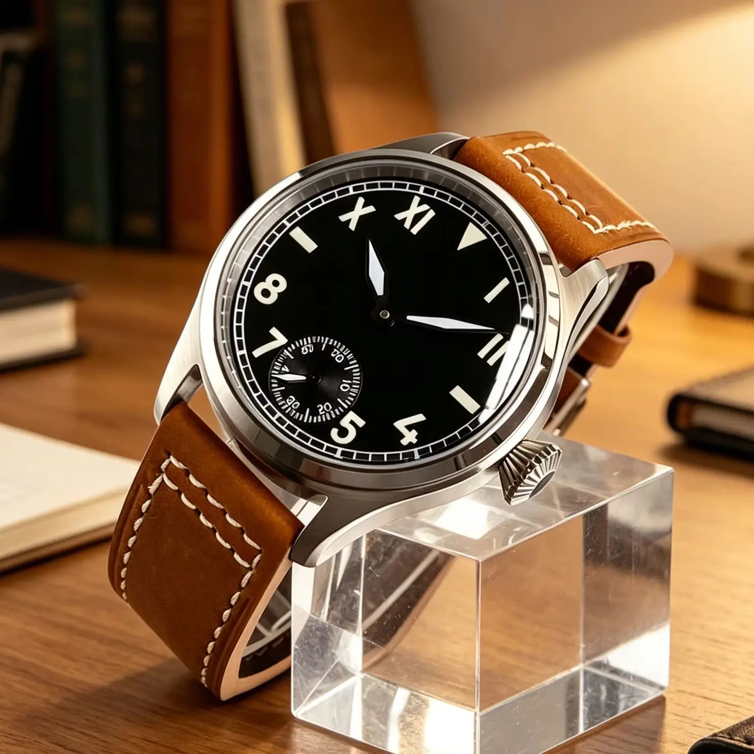 Retro Pilot Watch for Men Asia 6498 ST3620 Mechanical Hand-Wind Movement Luminous Black Dial Sapphire Crystal 42mm Clear Back