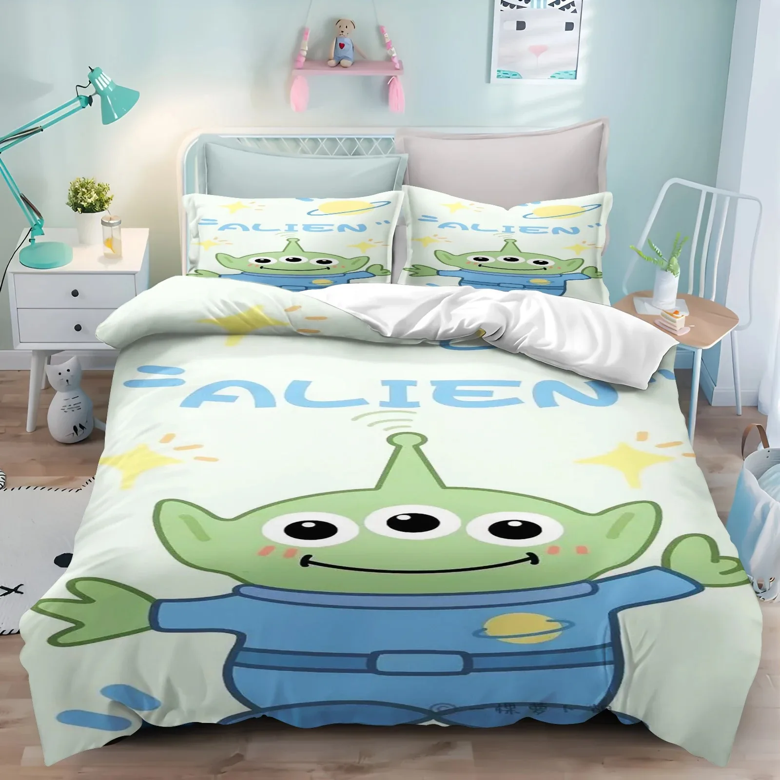 Cartoon Toy Story Alien Duvet Cover Pillowcase Large Bedding Set for Kids Teen Boys, Home Bedroom Decoration, 2/3pcs