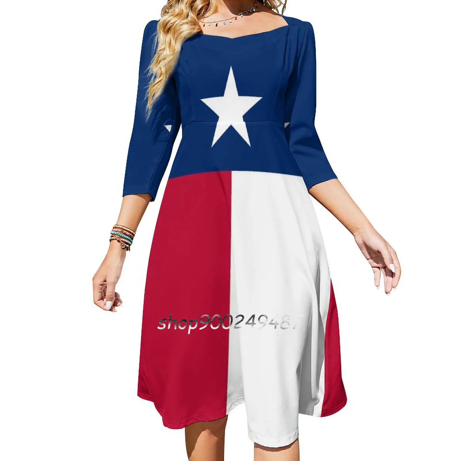 Lone Star State Sweet Elegant Dress Women Korean Kawaii Square Collar Dress Texas Texan Tex Lone Star Cowboy Cowboys American