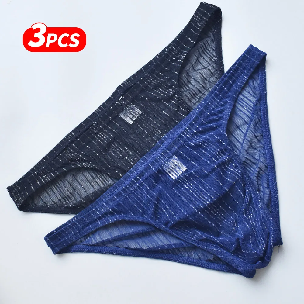 

3 Pack Men Sexy Sheer Mesh Low Rise Thongs Shiny Striped Transparent Mens Underwear 3 Colors Optional