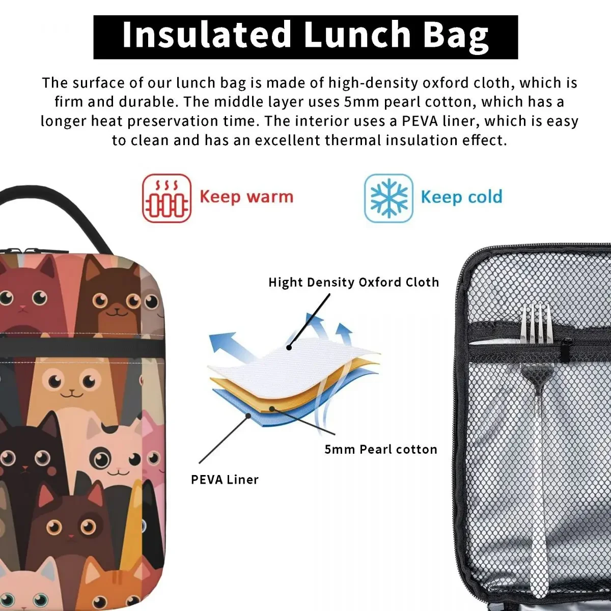 Lunch Bag Cute Cat Insulated Lunch Box For Adult Animals Cartoon Outdoor Picnic Cooler Bag Casual Waterproof Thermal Lunch Bags