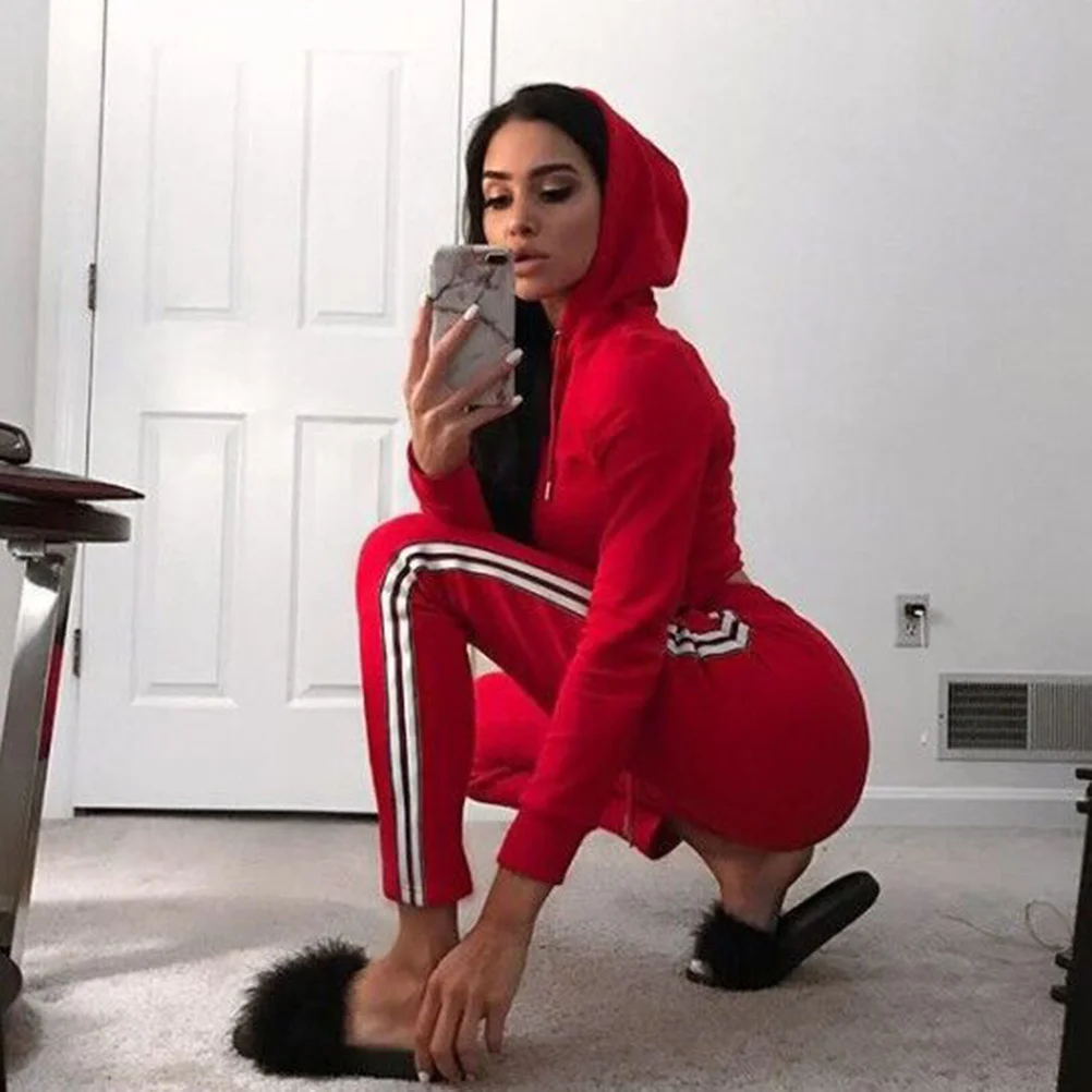 

Casual Suits for Women Track Suit Set Short Tops Long Sleeves Drawstring Closure Stretchy Cotton Blend Easy Care Everyday Wear