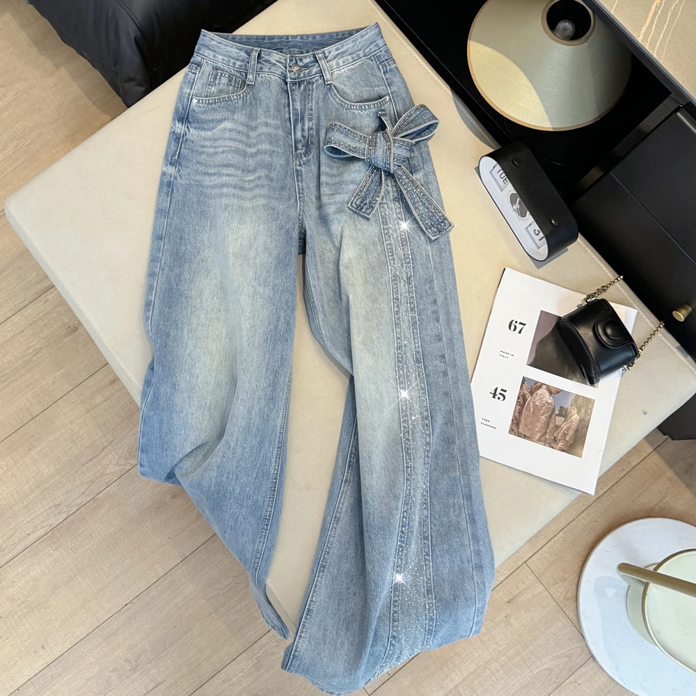 

Синие джинсы с высокой талией и стразами, прямые, в американском стиле, с эффектом утяжки, широкие, длинные брюки для женщин