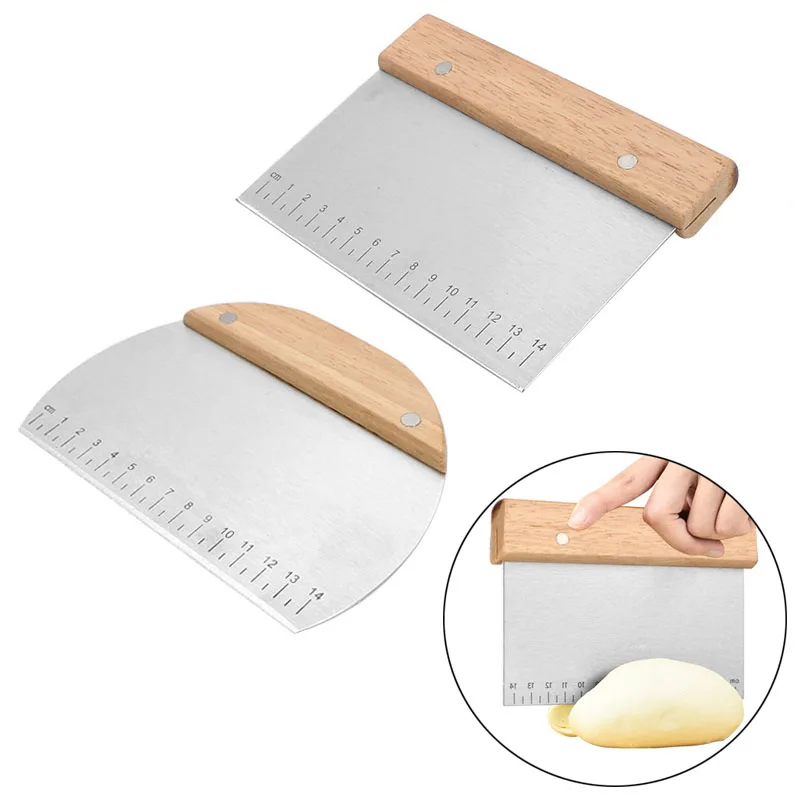 

2 шт. скребок для теста с деревянной ручкой, резак для теста и пиццы из нержавеющей стали, универсальный кухонный инструмент для выпечки и приготовления пищи