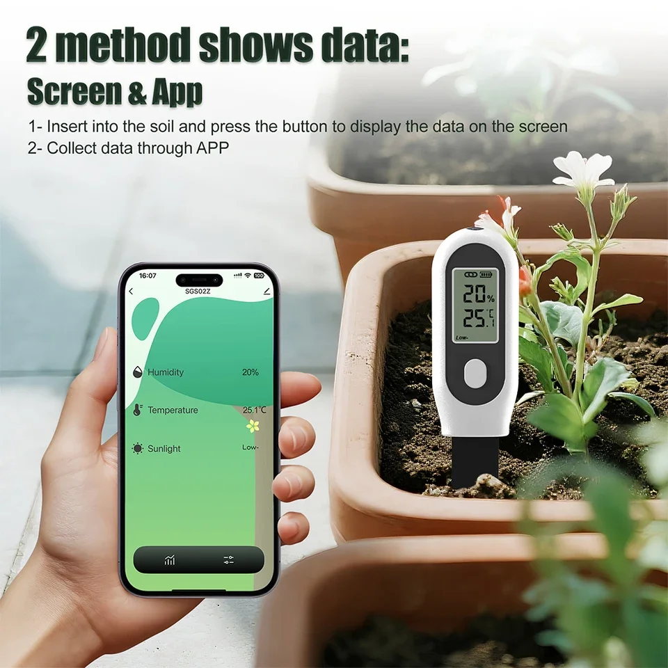 

HEDAO Soil Tester Smart Soil Sensor Digital Soil Moisture Detector Temperature Humidity Sunlight Meter Pots Garden Battery