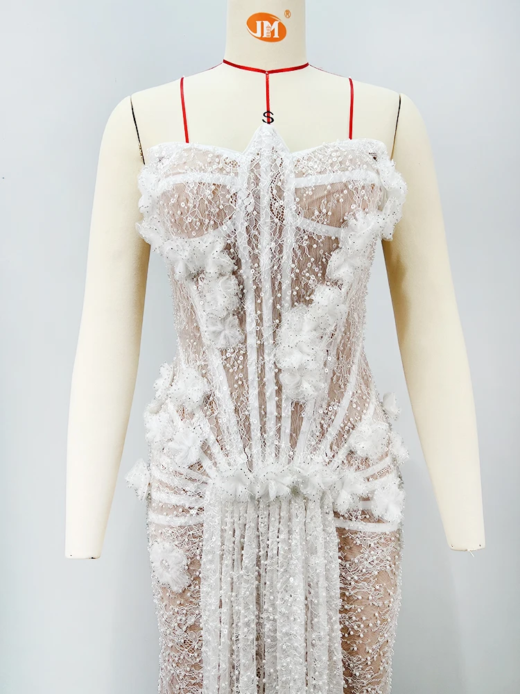 Pb luxo branco renda vestido de noiva sexy sem alças espartilho vestido de noite com trem transparente elegante floral casamento vestido longo