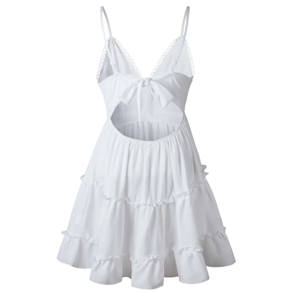 Vestido de praia linha A feminino, cinta esparguete, floral de renda, mini vestidos, babados, sem encosto, vestidos de verão, branco