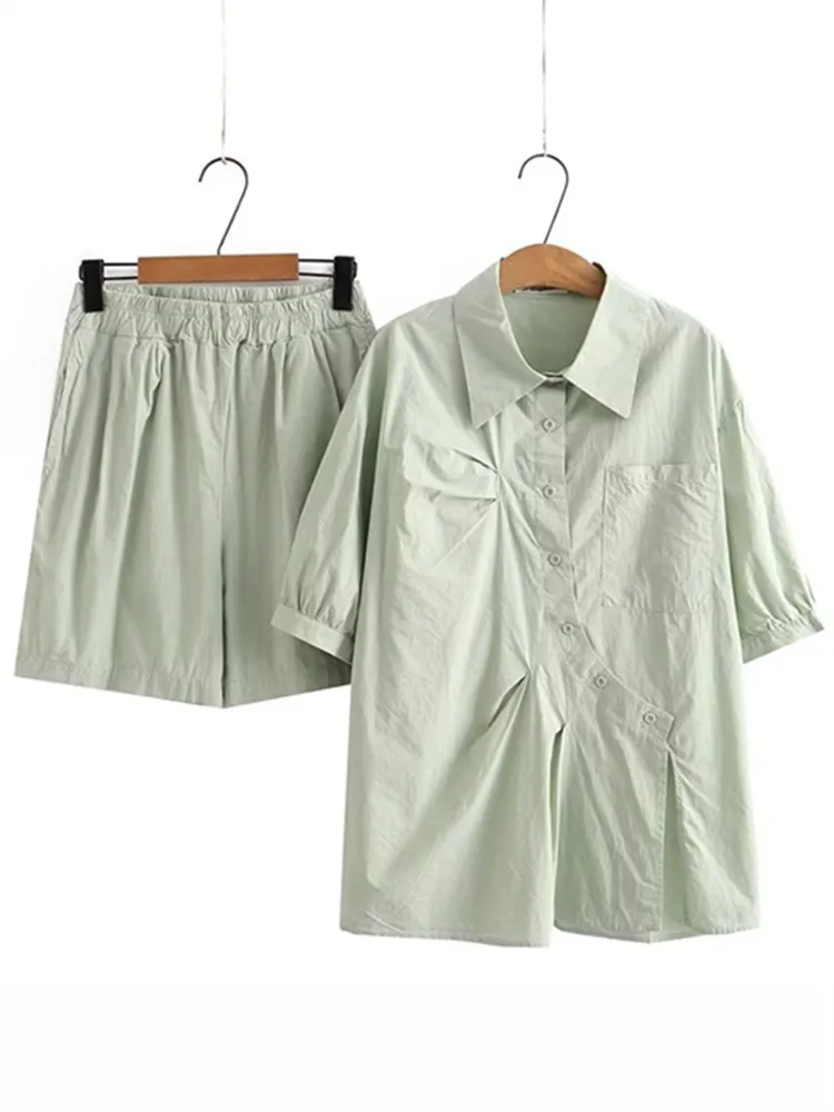 Plus Size Women's Clothing Sets Solid Coloured Lapel Shirt With Asymmetric Pleated And Elastic Waist Shorts Summer Combinations