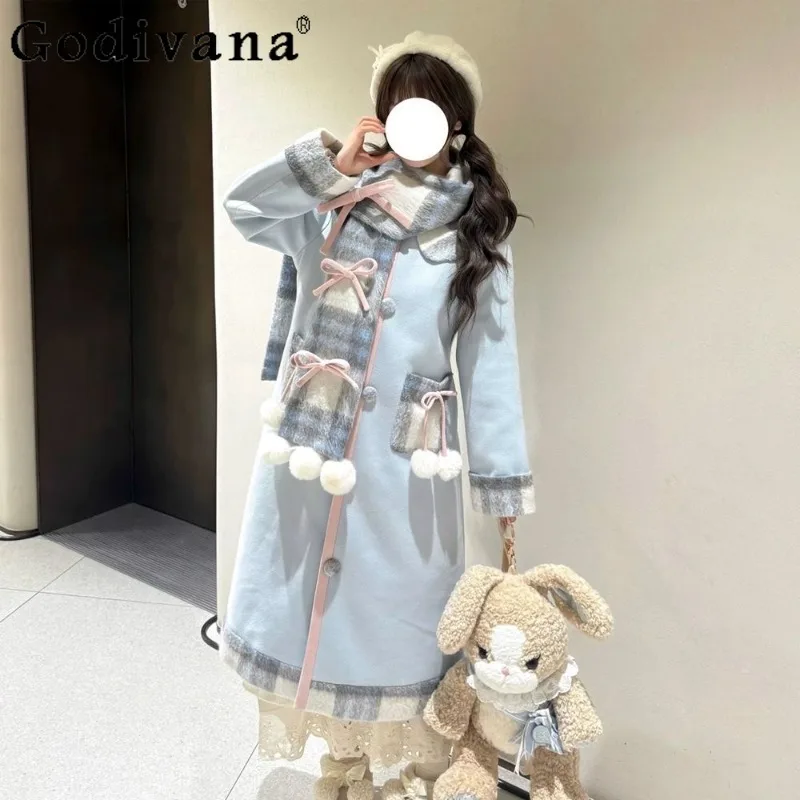 

Autumn Winter Bowknot Plaid Woolen Coat Sweet Girl Scarf Korean Lolita Wool Coat Women's Japanese Style Blue Sweet Overcoat