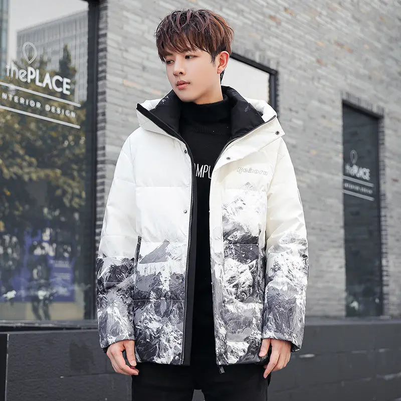 M-3xl Mens White Duck Down Jacket Winter Male Coats Zipper Print Hooded Short Style Couple Thicken Outerwear Clothes Hy159