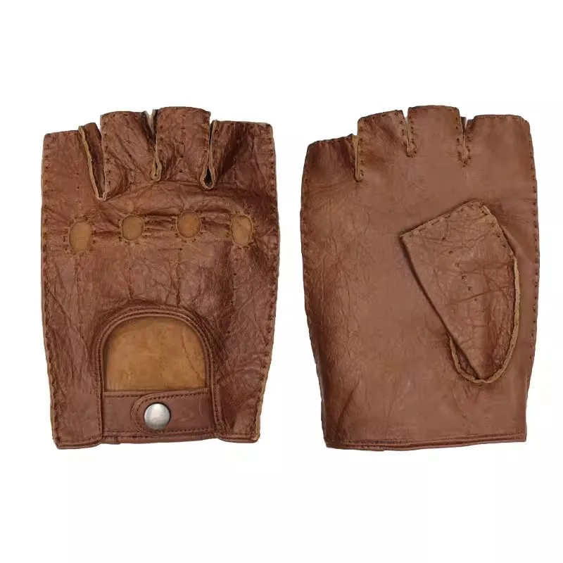 Gants demi-doigts en peau de chèvre pour hommes, cuir véritable, gants de couture à la main, demi-doigt, peau de mouton, hommes, cyclisme, conduite,