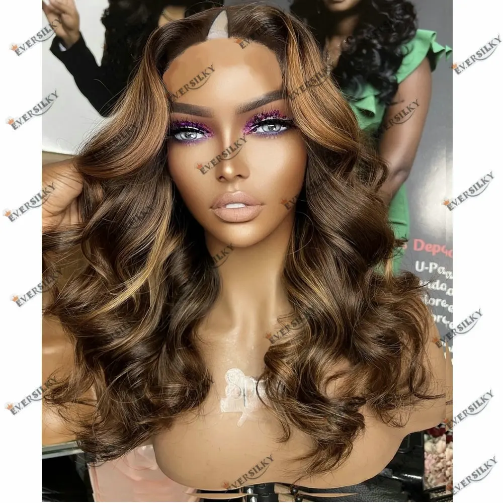 

Body Wave 100% Human Hair 1x4 Size V Part Wigs for Women with Clips Honey Blonde Hightlight Brown Glueless U Part Wig Human Hair