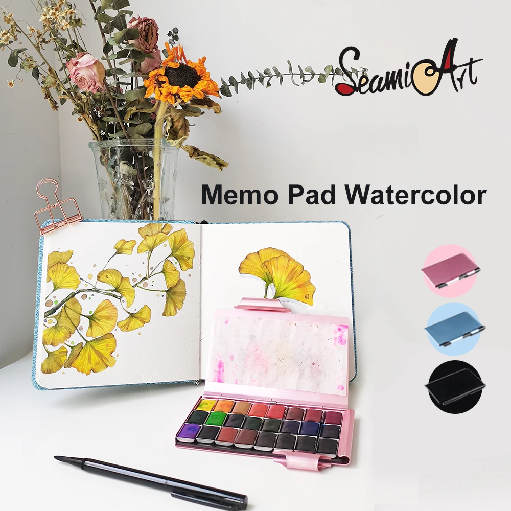 SeamiArt 24color Professional Colors Memo Pad Solid Watercolor Paint Set with 1pc Metal Painting Brush Pen Palette Art Supplies