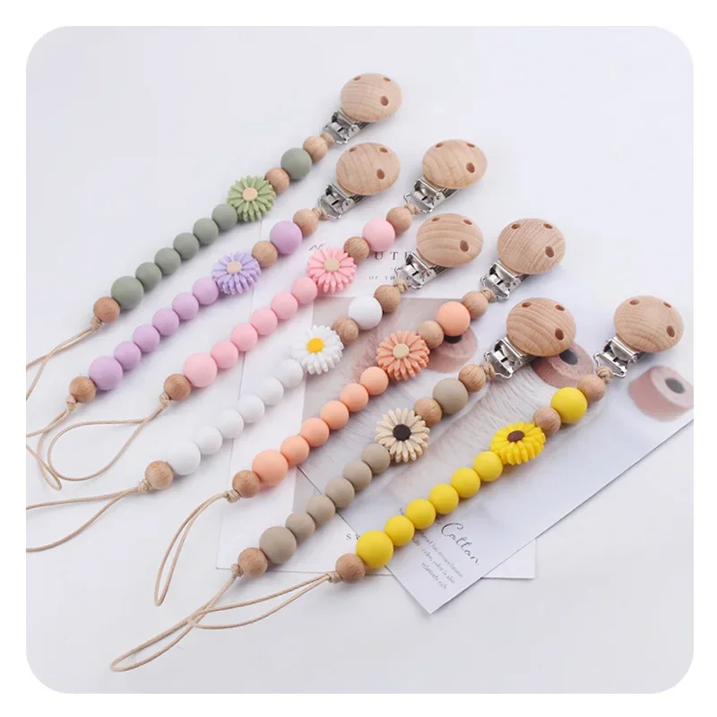 Kissteether Baby Beech Round Wooden Clips Flower Silicone Bead Pacifier Chain Teether Nursing Toy Handmade Dummy Holder BPA Free