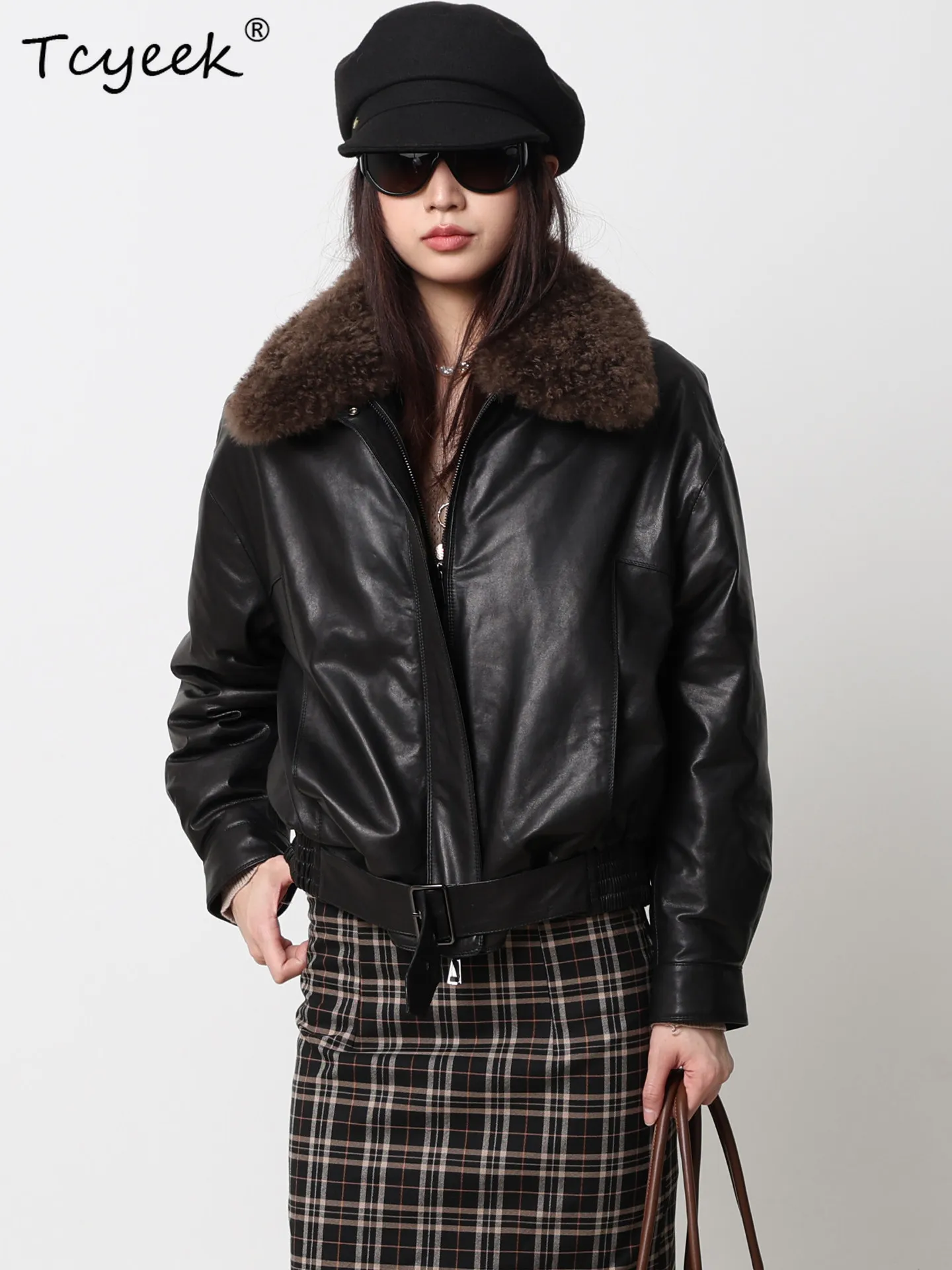Tcyeek Real Leather Jacket Women Autumn Winter Clothes 90% Goose Down Coat Natural Sheepskin Motocycle Jackets Lamb Wool Collar