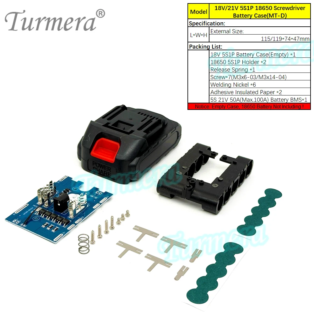 Turmera 18v 21v schrauben dreher batterie gehäuse 5x 10x 15x 20x 18650 halter 5s 50a max.100a bms schweiß nickel zum ersetzen der elektrischen bohrmaschine – Detail 13