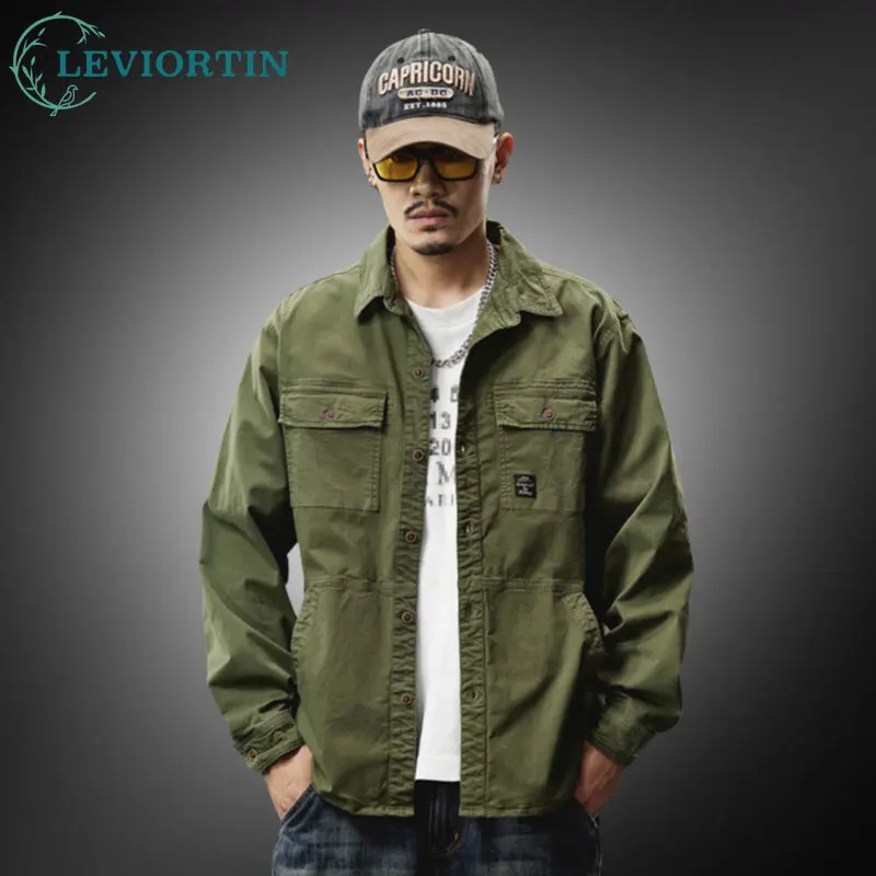 

Men's Cargo Loose Shirt with Multi-Pocket Casual Workwear Long Sleeve Dress Shirts Trendy Button-Down Outerwear Shirts Jacket