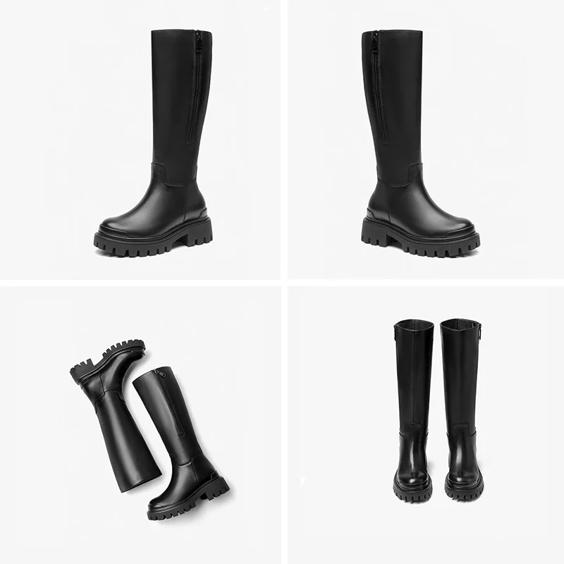 BEAUTODAY Knee-high Boots Women Genuine Cow Leather Solid Color Zipper Winter Warm Thick Sole Ladies Shoes Handmade 01517