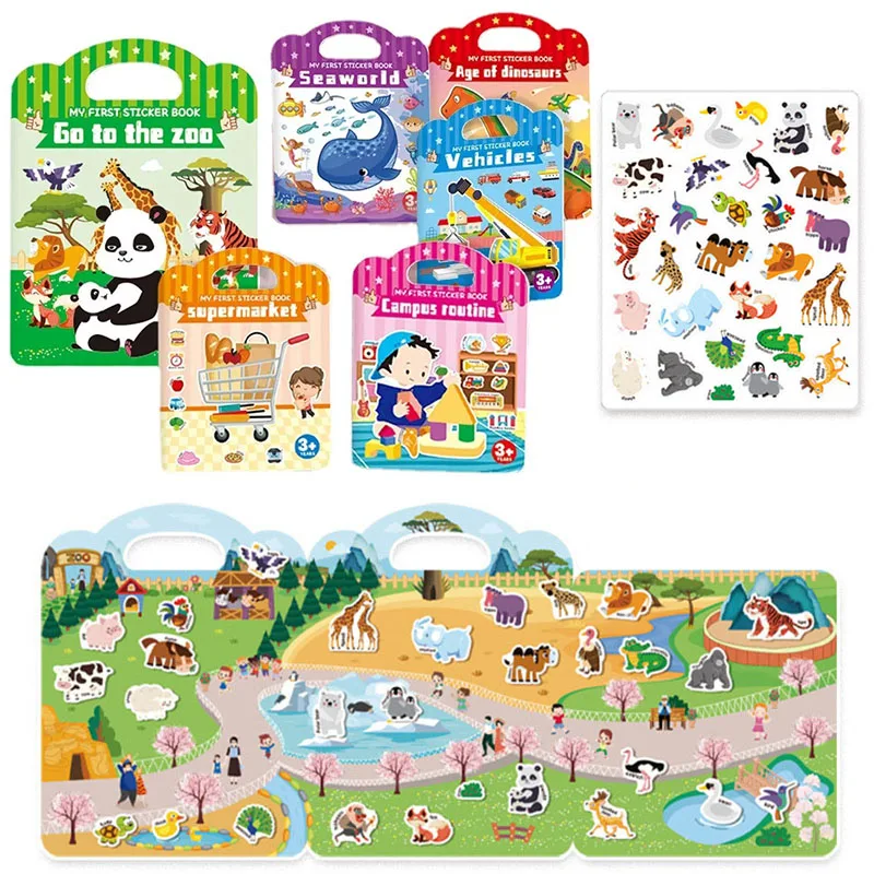 

Kids Reusable Sticker Book Multiple Scenarios DIY Hand-on Puzzle Cartoon Animal Educational Cognition Learning Toy Children Gift