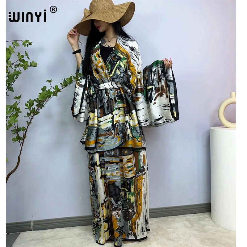 WINYI-Vestido floral midi feminino, moda quimono, estampa em totem, selo da cintura, manga comprida, casual fino, vintage, 2023