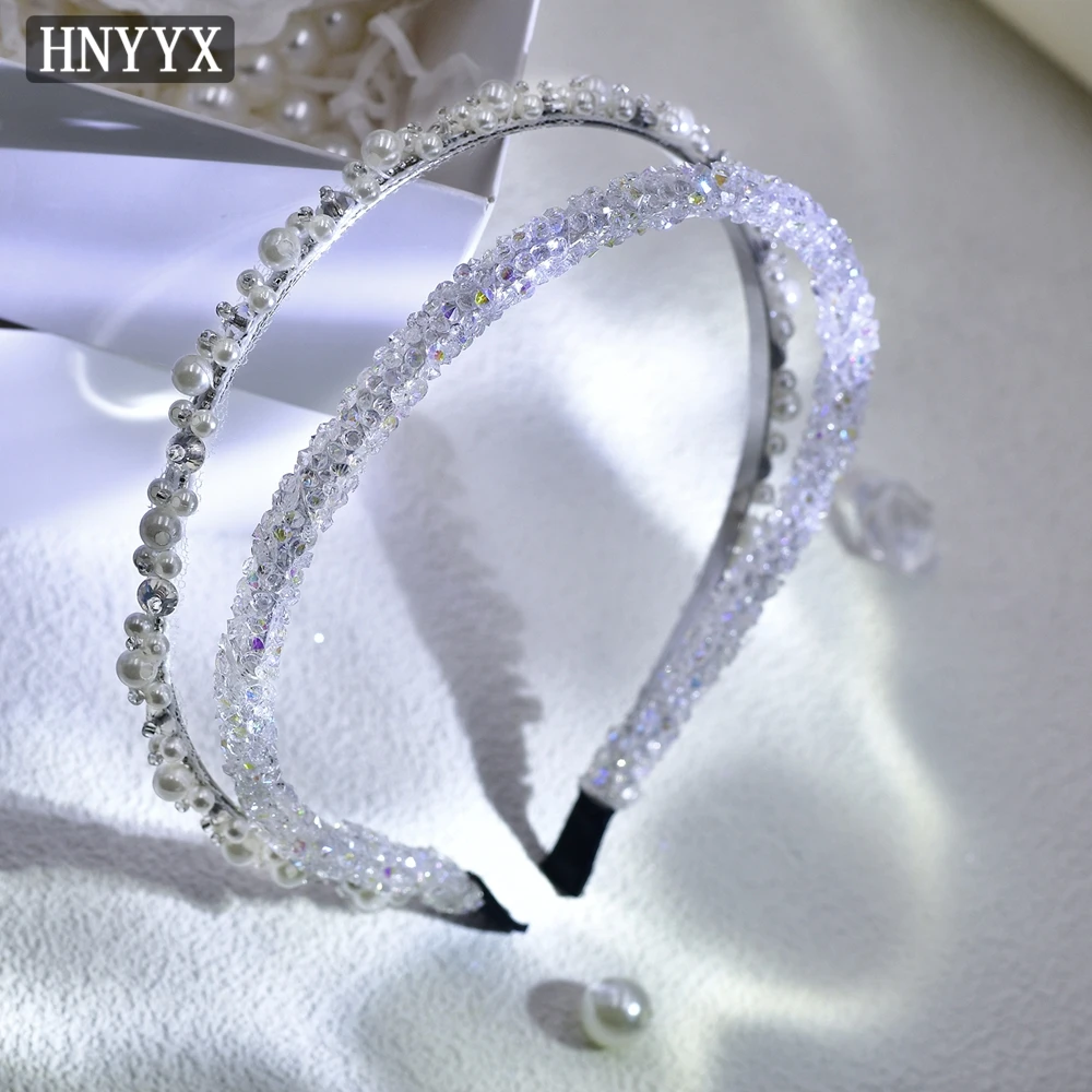 

HNYYX Narrow Pearls Headband for Woman Shiny Double Hairband Party Rhinestone Headwear Women's Fashion Hair Hoops A06