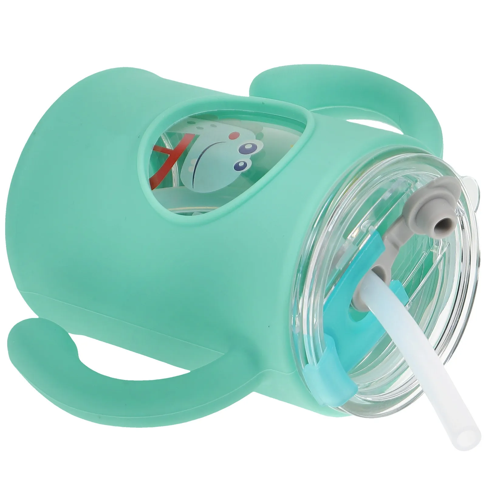 

Glass Toddler Cup with Double Handle and Straw for Kids Resistant Cartoon Water Mug Spill Proof Kindergarten Cup