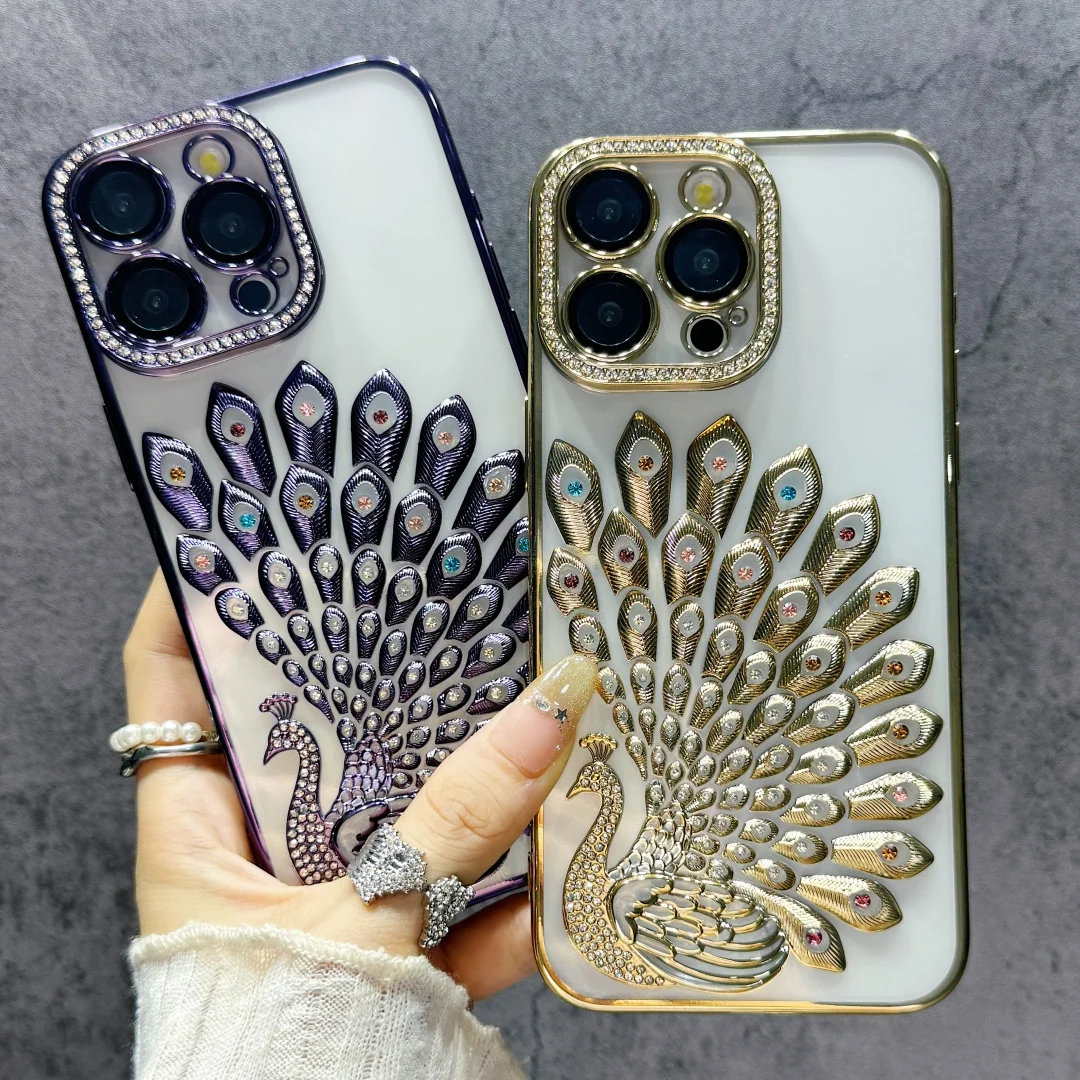 

Luxury Bing Glitter Diamond Peacock pattern Phone Case for iPhone 17 Pro Max 16 15 14 13 all-inclusive fine hole Lens Film Cover