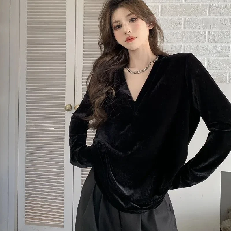 الذهبي المخملية الخامس الرقبة الأسود خمر تي شيرت ربيع الخريف جديد طويل الأكمام فضفاضة الشارع بلايز عادية موضة ملابس حريمي أنيقة