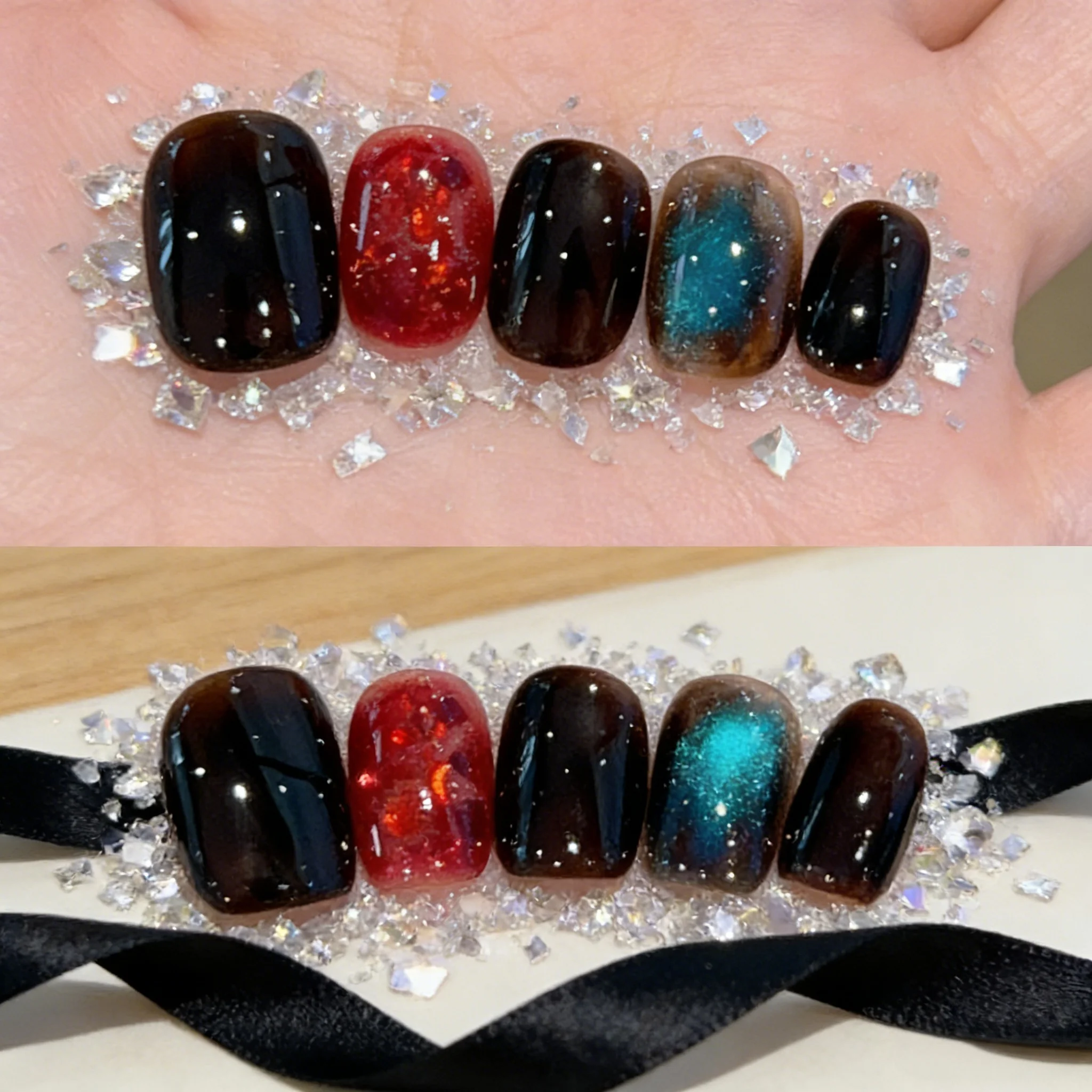 

10pcs Red-Tinted Amber Handmade Nails Blue Cat's Eye Press on Nail Short Square Full Coverage Nail Tip for Women&Girl False Nail