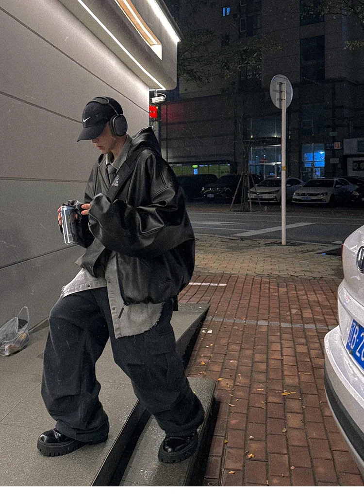 Frühling Herbst Kurze Übergroße Schwarze Weiche PU-Lederjacke für Männer mit Kapuze Reißverschluss Locker Lässig Koreanische Modekleidung – Detail 18