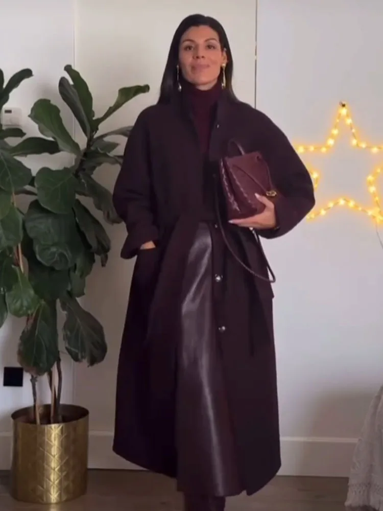 

HH Women Winter Fashion Round Neck Single Breasted Straight Pocket Belt Long Jacket Female High Street Casual Woolen Long Coat