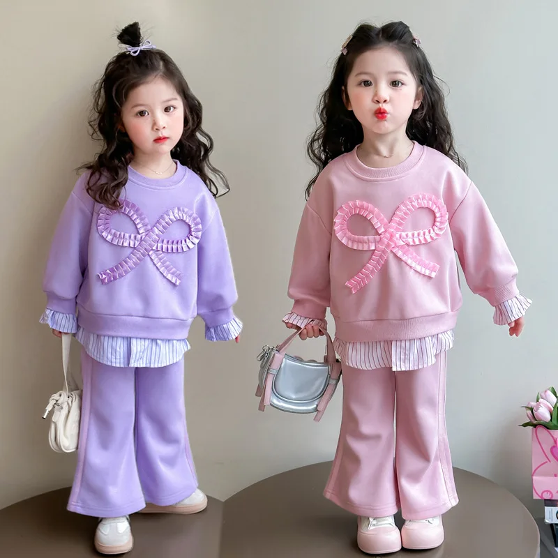 

2Pcs Set Bow Trim Soft Comfort Trendy Girls Long Sleeves Pants Outfit Costume for Girls Spring and Autumn Anime Cartoon Kawaii