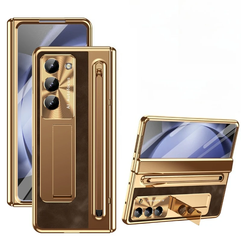 Kickstand Hinge Protection Leather Case For Samsung Galaxy Z Fold 8 Ultra 7 6 5 4 Full Cover Phone Shell With Screen Protector