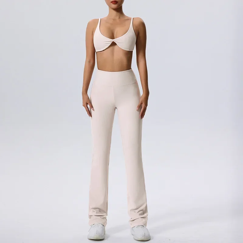 여성 두 조각 피트니스 요가 세트 솔리드 컬러 늑골이있는 패브릭 체육관 정장 통기성 빠른 건조 운동복 여성 운동복