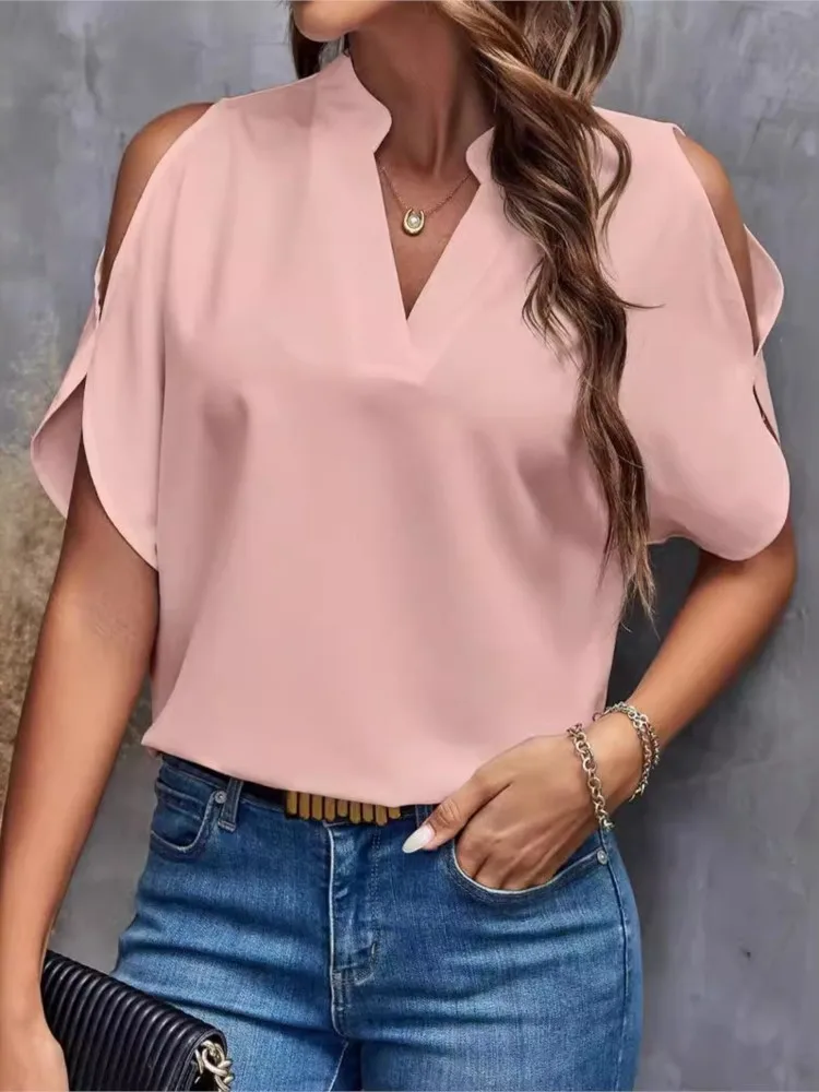 Sexy Off Shoulder V-neck Elegant Office Women\'s Shirt ,Summer Short Sleeve Blouses And Tops Women White Black Casual Loose Top