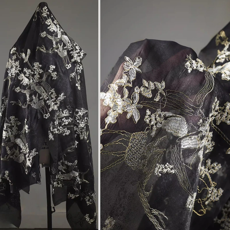 

Gold Thread Embroidered Yarn Embroidered Fabric Flower Bird Deer Pattern Dress Chinese Style Ancient Costume Designer Fabric