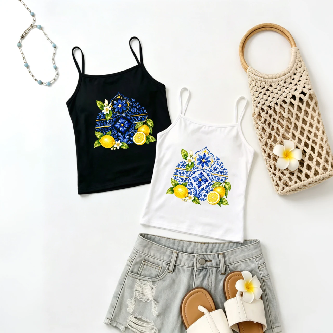 Vintage Tile Lemon Graphic Printed Sleeveless Vest Women Casual Summer Camisole Top Harajuku Boho Holiday Beach Tank Top