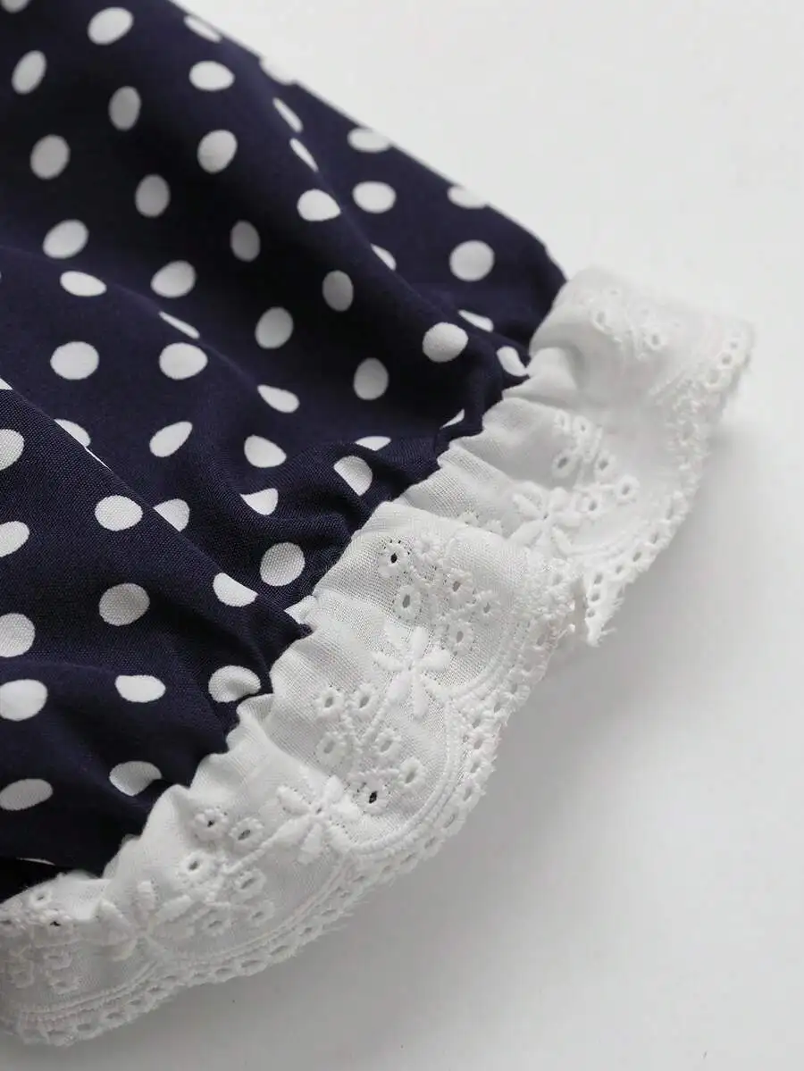 

Blue White Polka Dot V-Neck Short Sleeve Dress With Ruffled Lace Hem And Waist Smocking