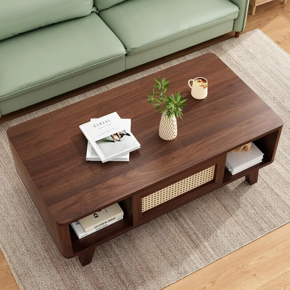 Coffee Table, Mid Century Living Room Tables with Storage, Modern Square with Rattan Drawer, Wooden Living Room Table with Solid