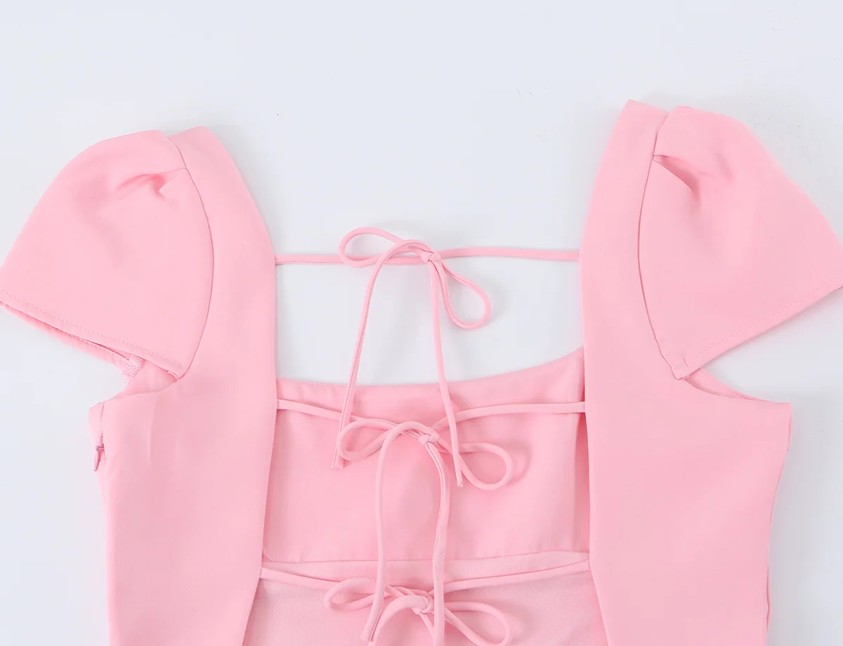 TFMLN Sommer Damen Kleider mit Schleife und Rückenausschnitt, elegantes, kurzärmliges Kleid mit quadratischem Ausschnitt, schmal geschnittenes Kleid für Abend, Party, Club, Damenkleider – Detail 8
