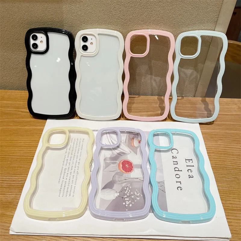 Curve Wave Frame Mobile Phone Cases For iPhone 15, 14, 13, 12, 11 Pro Max Transparent Shockproof Soft Back Cover, Candy Color