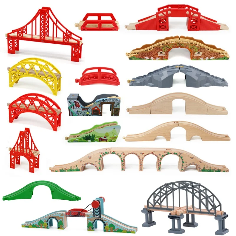 ملحقات مسار القطار البرجي، لعبة تزيين المشهد، محطة جسر نفق مرتفعة، لعبة مسار البناء مع قطار خشبي #4