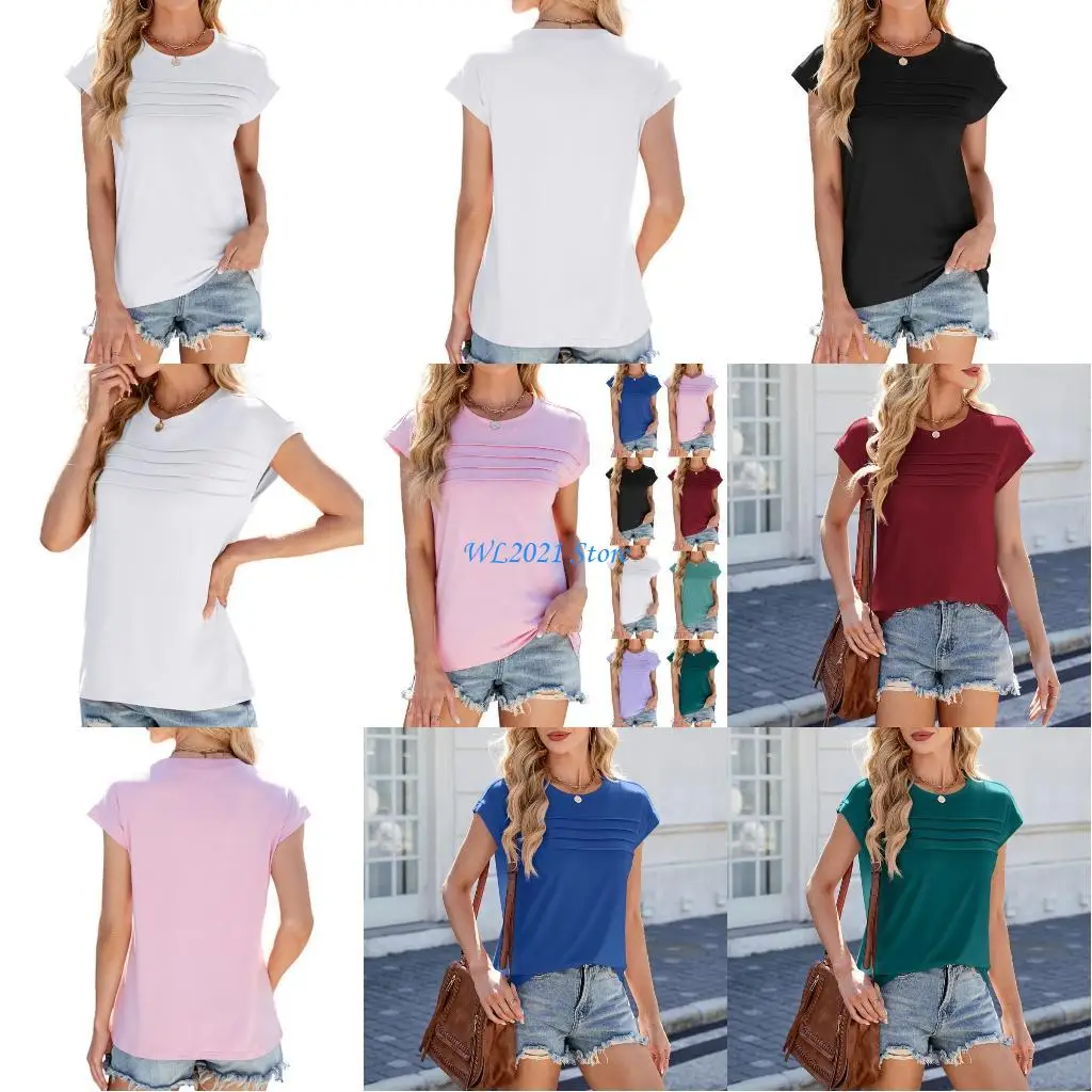 

G5GC Women's short-sleeved top, basic pleated casual loose T-shirt