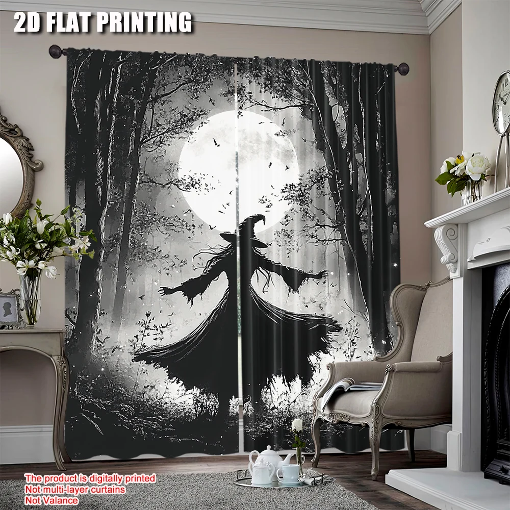 

2Pcs Halloween Forest Curtain Horrible Foggy Full Moon Witch Silhouette Gothic Halloween Night Scene Bedroom Bathroom Decor